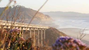 Pasifik kıyısı otoyolu 1 'deki köprü, Torrey Pines eyalet plajı, Del Mar, San Diego, Kaliforniya ABD. Sahil seyahatleri, gün batımı manzaralı koltuklar. 101 nolu otoban gezisi okyanus boyunca.