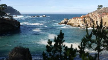 Kaya, kayalık ya da uçurum, okyanus sahiline düşen dalgalar, su sıçraması, deniz köpüğü. Big Sur yakınlarındaki doğa, 17 millik yol. Point Lobos Deniz Burnu, Monterey, California Sahili, ABD. Kozalaklı çam ağacı.