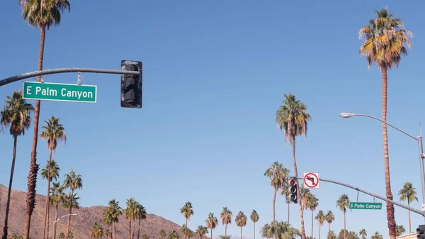Palm trees and sky, Palm Springs street, city near Los Angeles, semaphore traffic lights on crossroad. California desert valleys summer road trip on car, travel USA. Mountain. Palm Canyon road sign