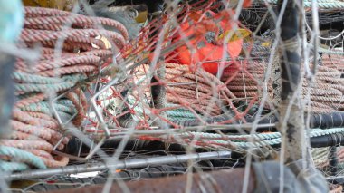 Tuzaklar, ipler ve kafesler rıhtımda, ticari rıhtımda, balıkçılık endüstrisinde, Monterey California USA 'da. Boş tencereler, limanda balık yemi yakalamak için krepler. Birçok balıkçı ağları ve sepetleri limanda. Balıkçılık.