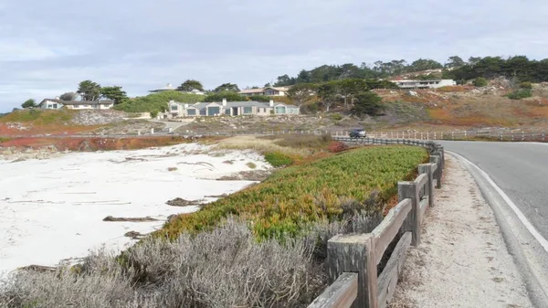 Monterey California 'da 17 millik manzaralı bir yol. Okyanus boyunca yolculuk, deniz dalgaları. Pasifik kıyısı karayolu gezisi, Point Lobos, Big Sur ve Pebble plajı yakınlarındaki turizm rotası. Çit ve sulu buz bitkisi