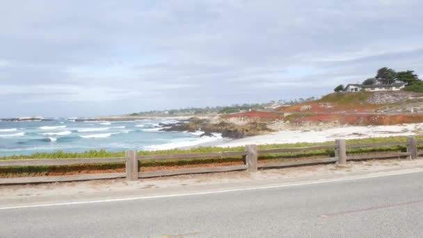 Milowa Droga Widokowa Monterey California Usa Podróż Wzdłuż Oceanu Fale — Wideo stockowe