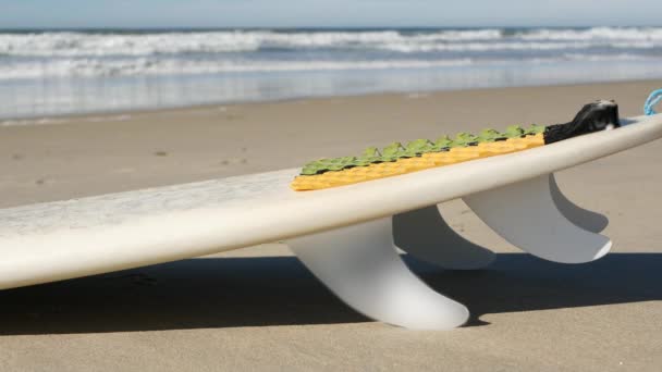 サーフィンのためのサーフボードは ビーチの砂 カリフォルニア州海岸 米国に横たわっていた 海の波と白いサーフボードやパドルボード 海の水によるウォータースポーツのレクリエーションのためのロングボードまたはアップ シームレスループされたシネマグラフ — ストック動画