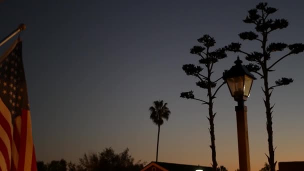 多汁的花冠 老式的灯笼和飘扬的美国国旗 美国西加利福尼亚州 西部野生先驱牛仔沙龙或乡村农场花园 沙漠中的落日 世纪植物 — 图库视频影像