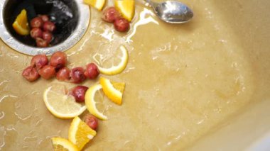 Lavaboda organik atık öğütücüyle birlikte. sebze veya meyve kabukları, kalıntılar ve artıklar ve öğütücü. Sıfır atık, sürdürülebilir kalkınma ve çöp ayırma kavramı.