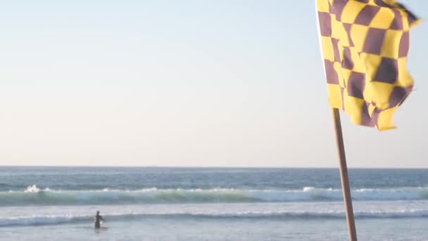 波による黒と黄色のチェックされた警告フラグ カリフォルニア州の海のビーチ サーフィンの安全のためのライフガードステーション 沿岸警備隊はサンディエゴのミッションビーチで砂の中に注意してください 夏の審美的な — ストック動画