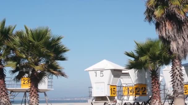서피스 스탠드와 트리는 캘리포니아 해변에서 서핑을 서브웨이 타워이다 여름의 태평양은 — 비디오