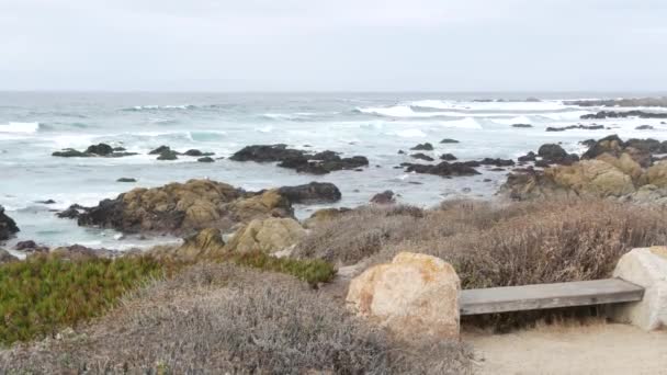 ロッキー クラギー太平洋沿岸 岩に衝突する海水波 17マイルのドライブ モントレー カリフォルニア州米国 ポイント ロボス ビッグサー ペブルビーチの近くの悲観的な性質 — ストック動画