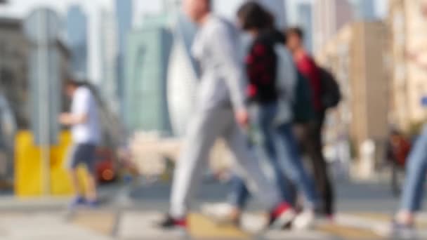 Defocused Pedestrians Walking Zebra People Crossing Road Crosswalk Crowd Street — Stock Video