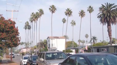 Amerikan yerleşim bölgesi, banliyö sokağı. Yoldaki arabalar ve Los Angeles yakınlarındaki palmiye ağaçları. San Diego, Kaliforniya 'daki Ocean Beach Mahallesi.