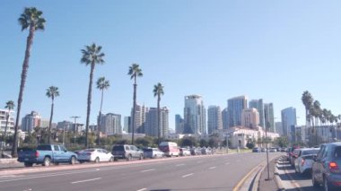 Limandaki arabalar ve palmiye ağaçları, şehir merkezindeki gökdelenler, Kaliforniya 'daki ufuk çizgisi ya da şehir manzarası. Sahilde trafik ve mimari. Şehir Merkezi, San Diego İdaresi.