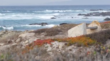 Rocky pasifik okyanus kıyıları, kayalara düşen deniz dalgaları, 17 mil sürüş, Monterey, California USA. Point Lobos, Big Sur, Pebble plajı yakınlarındaki kasvetli doğa. Tahta boş bank dinlenmek için patikada