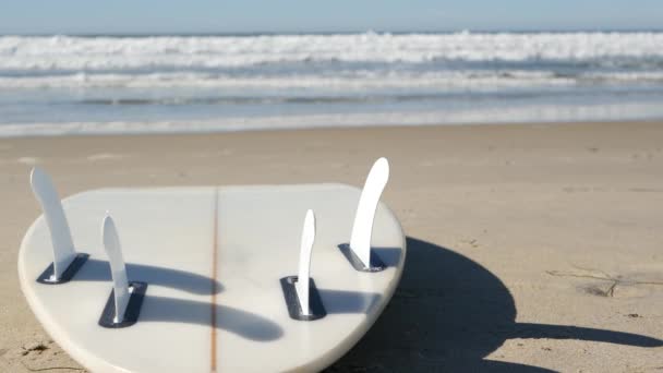 美国加利福尼亚海岸海滩沙滩上冲浪的冲浪板 海浪和白浪冲浪板或冲浪板 水上水上康体用的长板或水槽 无缝线环路电影图 — 图库视频影像