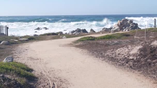 大きな嵐の波が岩だらけの岩場のビーチ モントレー湾の海岸 カリフォルニア州の海洋海岸 米国でクラッシュします 自然の17マイルの駆動力 海の水 風景や海のしぶき ペブルビーチの崖 — ストック動画