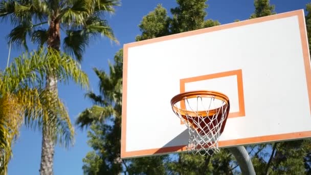 バスケットボールコート屋外 オレンジフープ ネットとバスケットボールゲームのためのバックボード外 ストリートボールフィールドや遊び場でのレクリエーションスポーツ機器 青い空とビーチパームの木 カリフォルニア州 — ストック動画