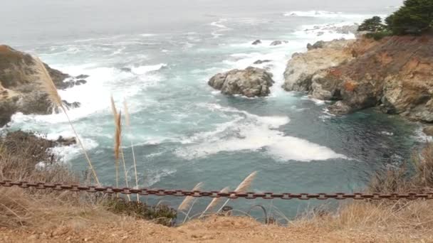 Klippig Havsstrand Dimmigt Väder Havsvattenvågor Kraschar Stranden Kalifornien Natursköna Landskap — Stockvideo