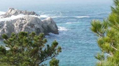 Kaya, kayalık ya da uçurum, okyanus sahiline düşen dalgalar, su sıçraması, deniz köpüğü. Big Sur yakınlarındaki doğa, 17 millik yol. Point Lobos Deniz Burnu, Monterey, California Sahili, ABD. Kusursuz döngülü görüntü grafiği.