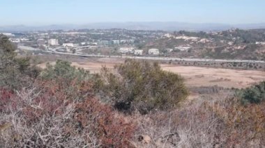 Torrey Pines eyalet parkı, eko-turizm için doğal rezerv, yürüyüş ve patika, Kaliforniya banliyö kıyıları, ABD. Çevre koruma, bitkiler, yeşillik ve evler. 5. Otoyol San Diego 'ya.