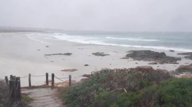 Okyanus kumlu kum tepeleri, Monterey doğası, California sisli kıyıları, ABD. Sisli yağmurlu sonbahar ya da kış havası, gri bulutlu gökyüzü. Tahta merdivenler, kıyıdaki patika yolu soğuk deniz dalgalarının yanında. Sakin atmosfer.