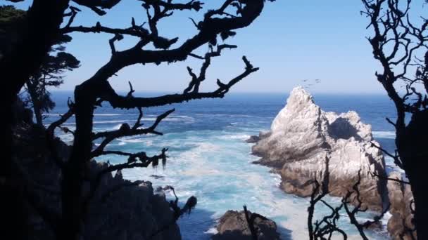 Felsiger Zerklüfteter Meeresstrand Große Wellen Krachen Auf Klippen Wasser Plätschert — Stockvideo