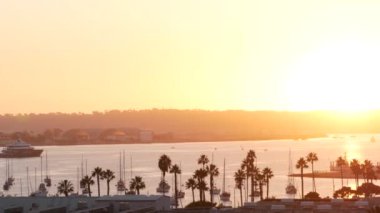 Okyanus kıyısındaki palmiye ağacı siluetleri gün batımında, San Diego, California sahilinde, ABD. Limanda Coronado adası ve yat tekneleri, turuncu gökyüzünün altında marina kıyısında palmiye ağaçları. Gün batımında deniz gemileri koyda..
