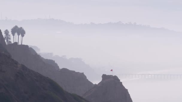 Steep Unstable Cliff Rock Bluff Foggy Weather California Coast Erosion — Stock Video