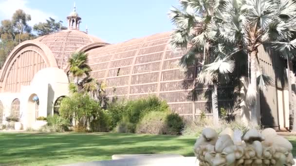 植物の建物の外観や庭 緑の芝生の芝生 ヤシの木や噴水のファサード カリフォルニア州サンディエゴのバルボアパークにあるスペイン植民地時代の復興建築 木製のキューポラまたはドーム — ストック動画