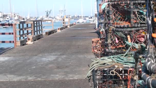 Trampas Cuerdas Jaulas Muelle Muelle Comercial Industria Pesquera Monterey California — Vídeos de Stock