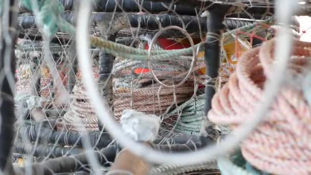 Ловушки Ловушки Клетки Пирсе Торговом Доке Рыбной Промышленности Монтери Калифорния — стоковое видео