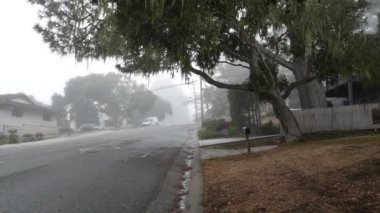 Tipik banliyö yerleşim bölgesi sokağı, müstakil evler, sisli sisli yol, Monterey California USA. Mahallenin banliyösü. Yağmurlu hava, kasvetli atmosfer, sisli zedelenmiş sessiz şehir