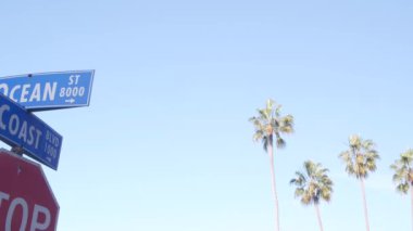 Kaliforniya, ABD 'de, kavşakta Ocean Street tabelası var. Los Angeles yakınlarındaki rıhtım turizm merkezi, deniz kıyısındaki yaz tatilleri için gidilecek yer. La Jolla 'da kıyı palmiyeleri.