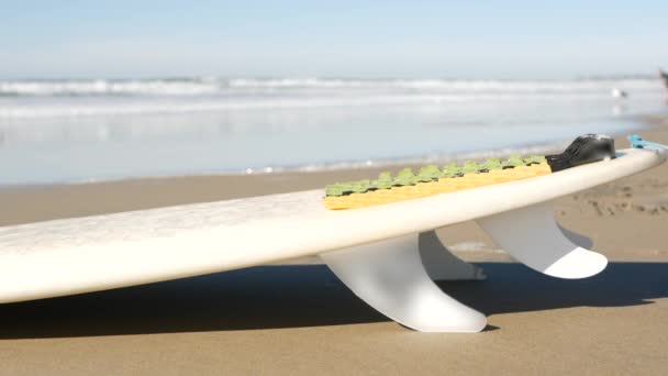 Surfboard Για Surfing Που Βρίσκεται Στην Παραλία Άμμο Καλιφόρνια Ακτή — Αρχείο Βίντεο