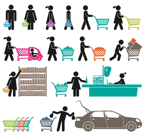 Mannen en vrouwen gaan winkelen — Stockvector