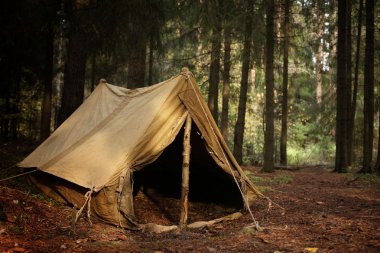 Old tent in the autumn forest, home for adventure and travel