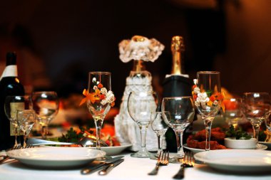 Festive table setting wedding table, beautiful glasses wine and food