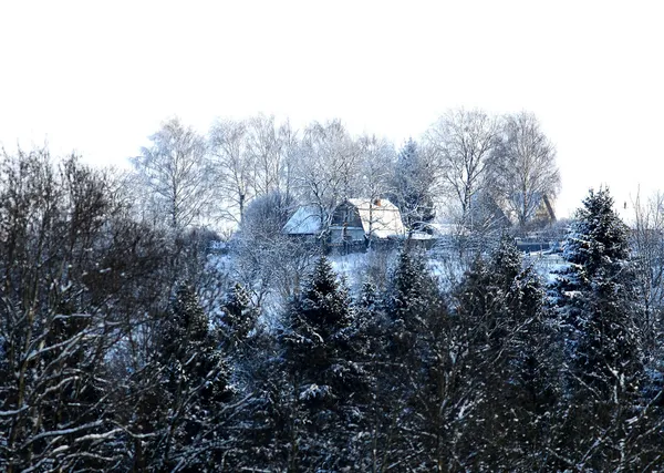 Byn på vintern, den snötäckta landsbygden — Stockfoto