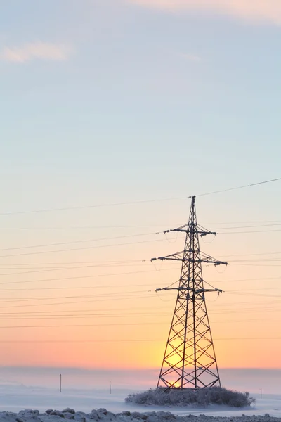 Fios e postes de alta tensão no campo de inverno — Fotografia de Stock