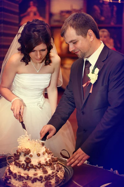 Mariée et marié couper le gâteau de mariage — Photo