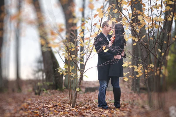 Unga älskande man och kvinna i skogen höst — Stockfoto