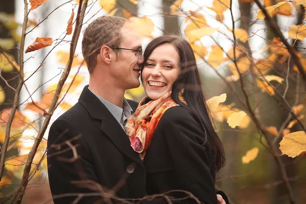 Молодые влюбленные мужчина и женщина в осеннем лесу — стоковое фото