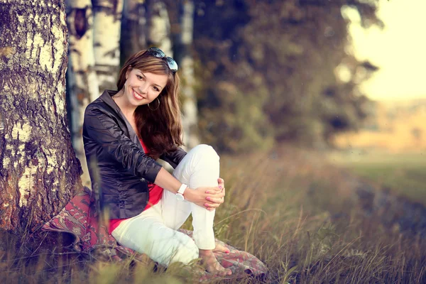 Beautiful girl in the birch forest — Stock Photo, Image