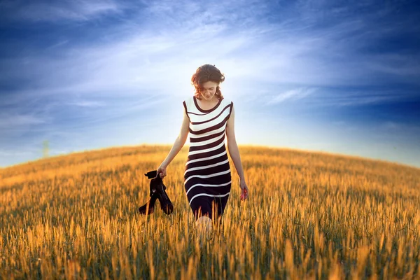 Hermosa chica en el campo de atardecer —  Fotos de Stock