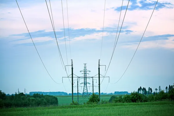 Hög spänning ström pylons i grönt fält — Stockfoto