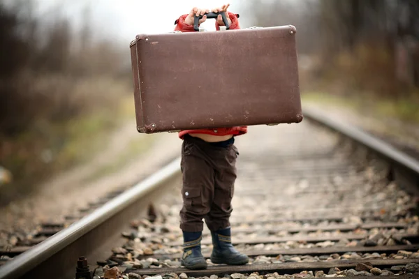 Little traveler with a suitcase on the railroad — Stock Photo, Image