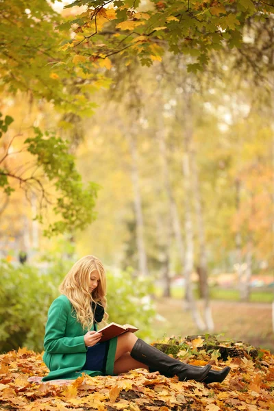 片秋色的公园里看书的女孩 — 图库照片