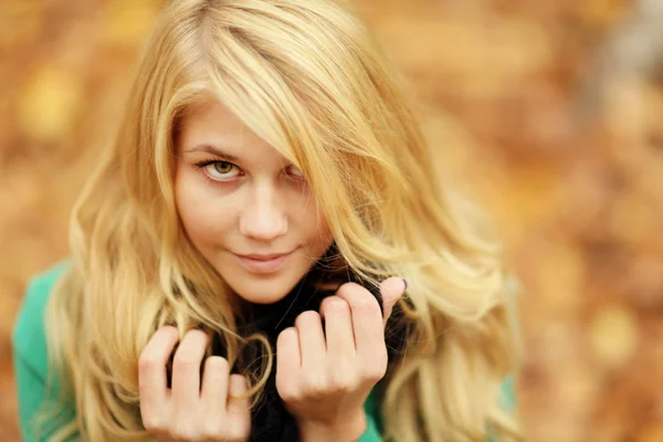 Ragazza nel parco autunnale con foglie gialle — Foto Stock