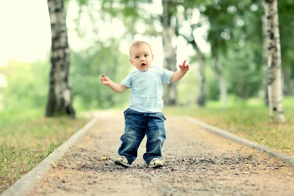 Веселый маленький мальчик в парке — стоковое фото