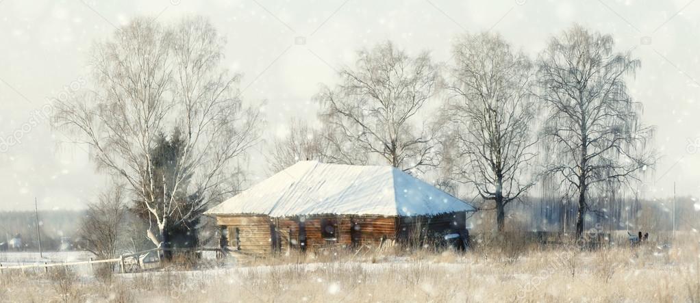 Wooden house in winter