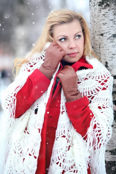 Blondine in Scha über Birkenholz — Stockfoto