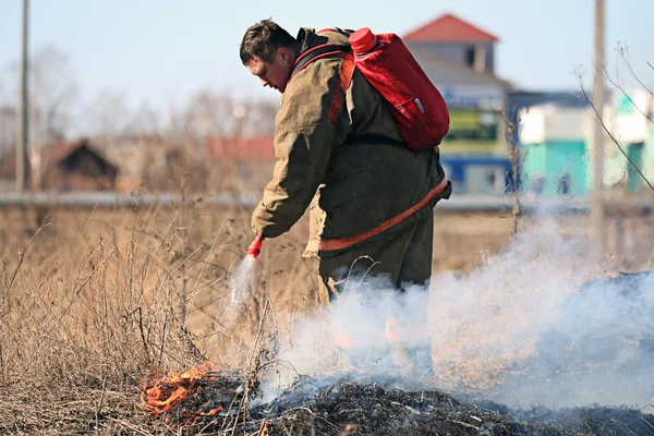 Brandweerman in bosbrand — Stockfoto